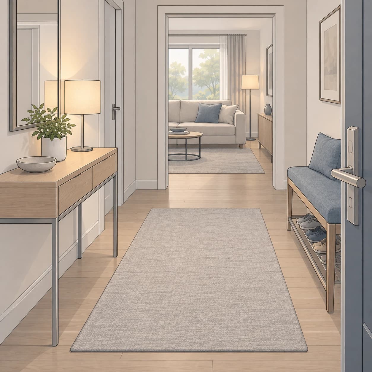 A bright home hallway leading from the front door to the living room